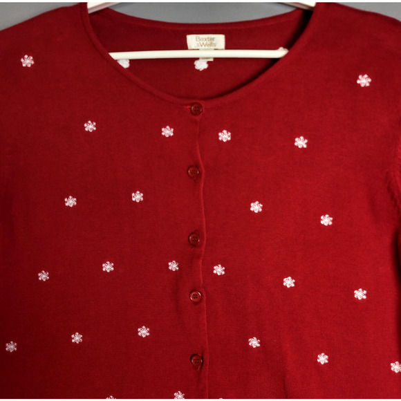 Vintage 90's Baxter & Wells Embroidered Snowflake Cardigan Sweater Womens L Red - Picture 3 of 10